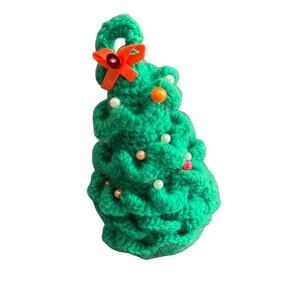 Hand Crotched Christmas Tree Ornament With‎ Beads And Bow Ribbon